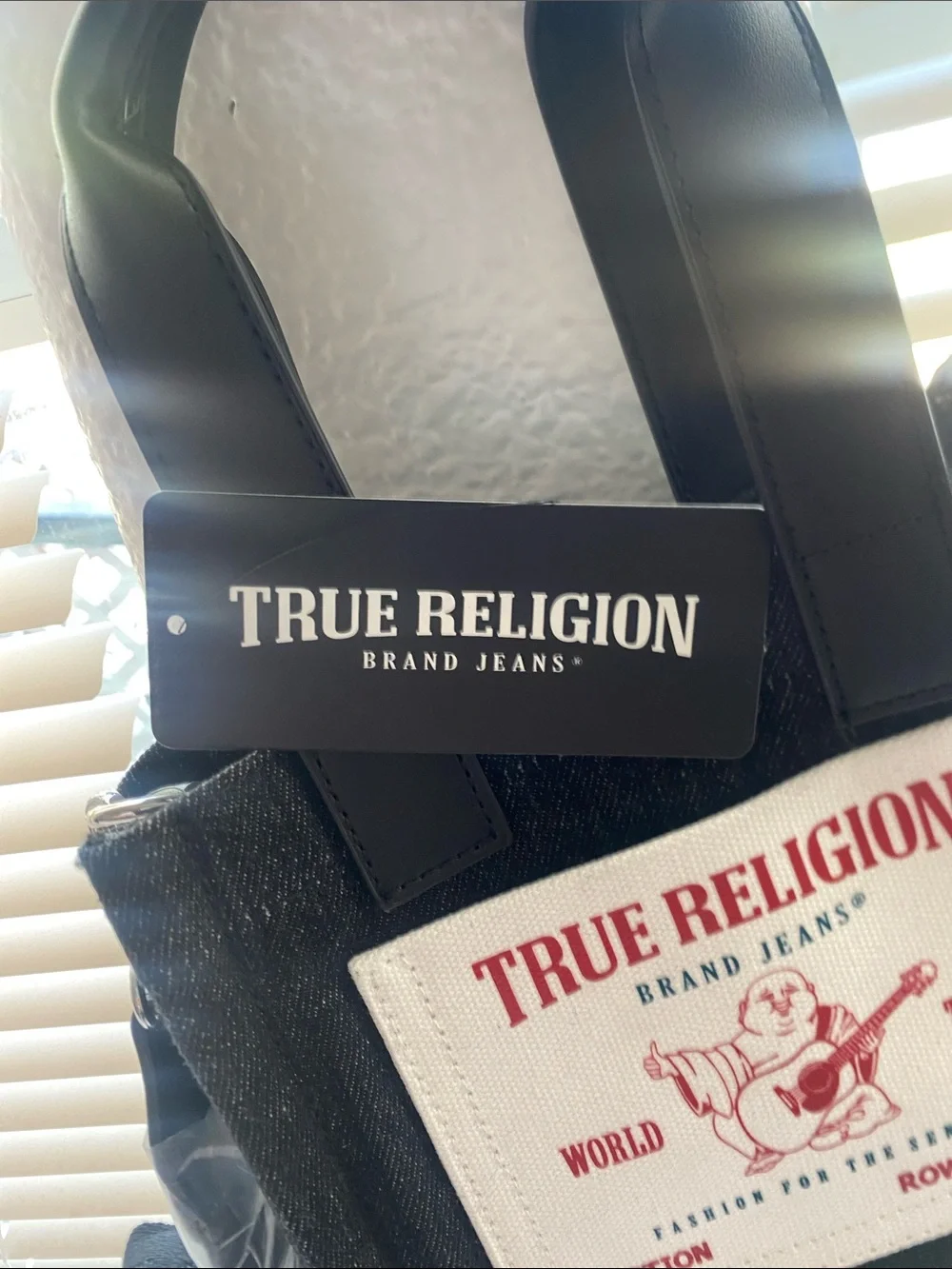 True Religion Black Mini Messenger Tote with Red Logo Patch